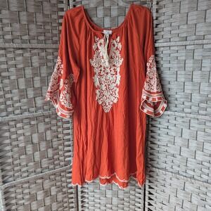 Chic Connection Mini Shift Dress Orange White Embroidered Bell Sleeve 1X Boho